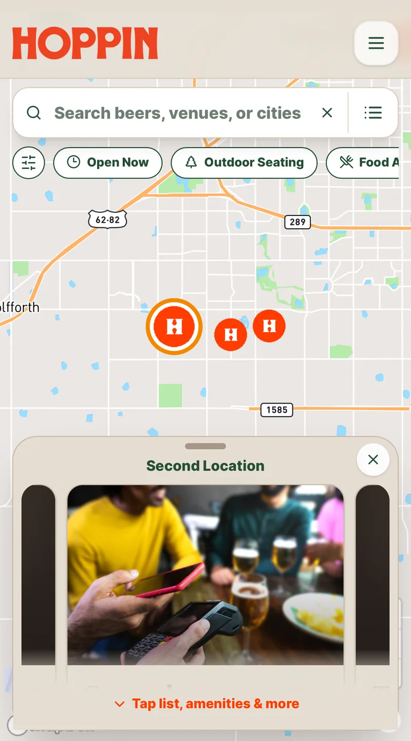 Hoppin map showing nearby venues with drinks on tap